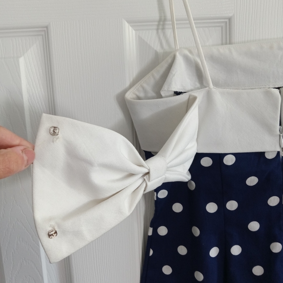 Vintage Mini Dress Cotton Polka Dot Navy Blue White Bow Linea Moda Size 8 - Picture 10 of 16